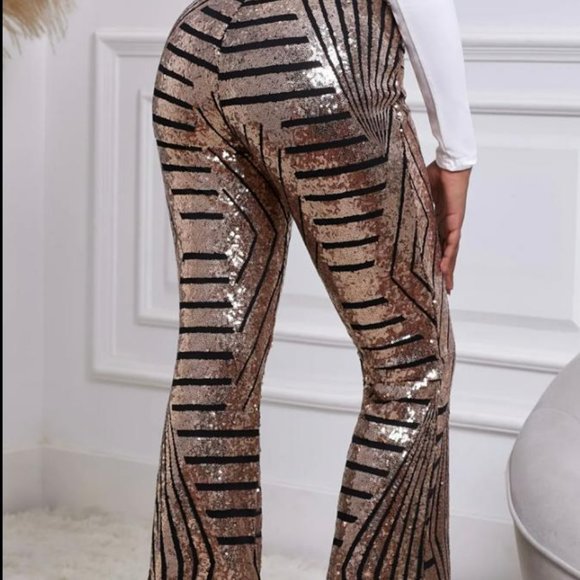 Geometric Sequin Pants, Sequin, Pants, XL, 12, Bell Bottom, high waisted, Bronze - Picture 4 of 6